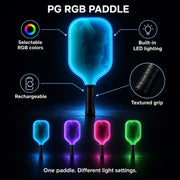 PG RGB paddle feature guide with light settings and product detail callouts.