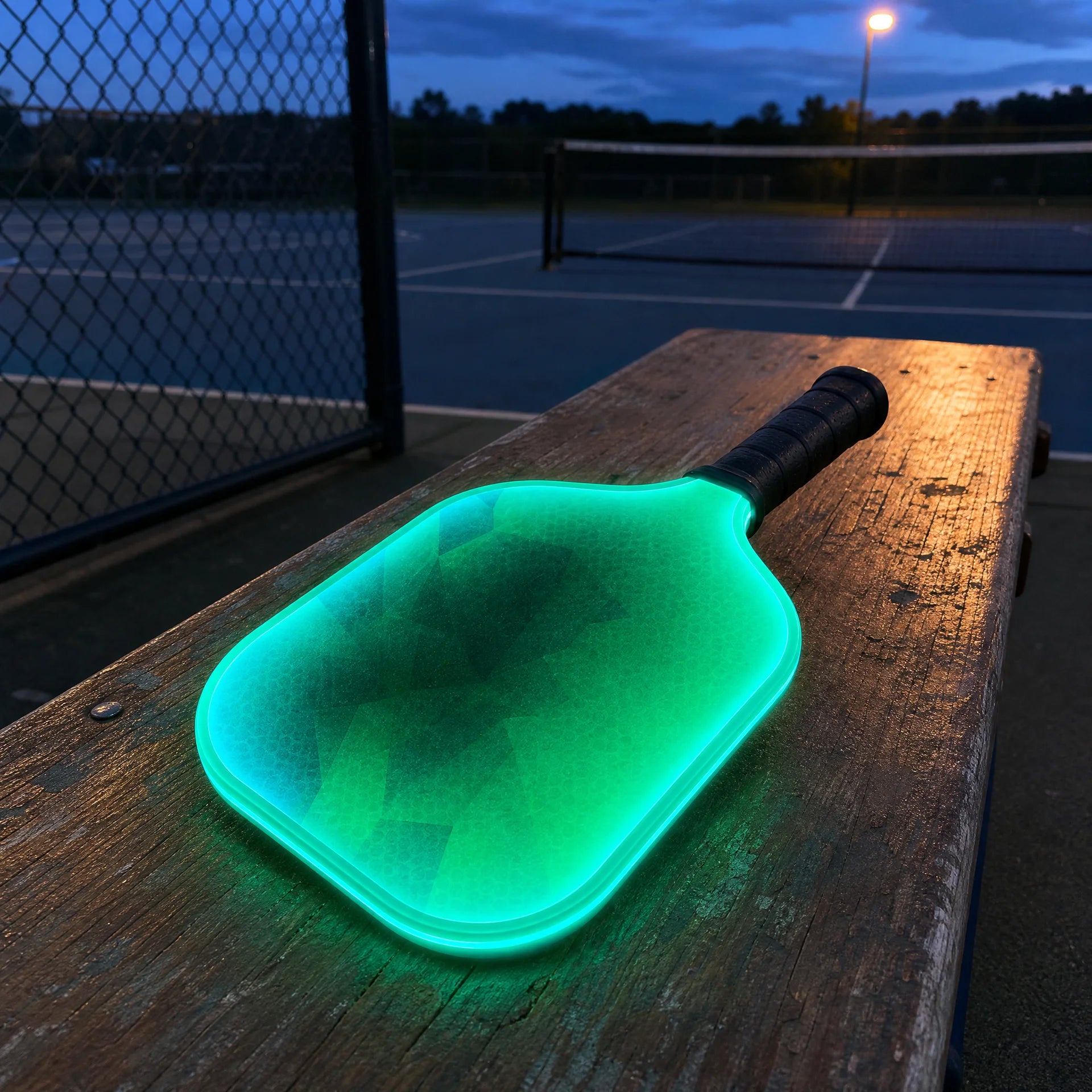 Light-up paddle beside an evening pickleball court