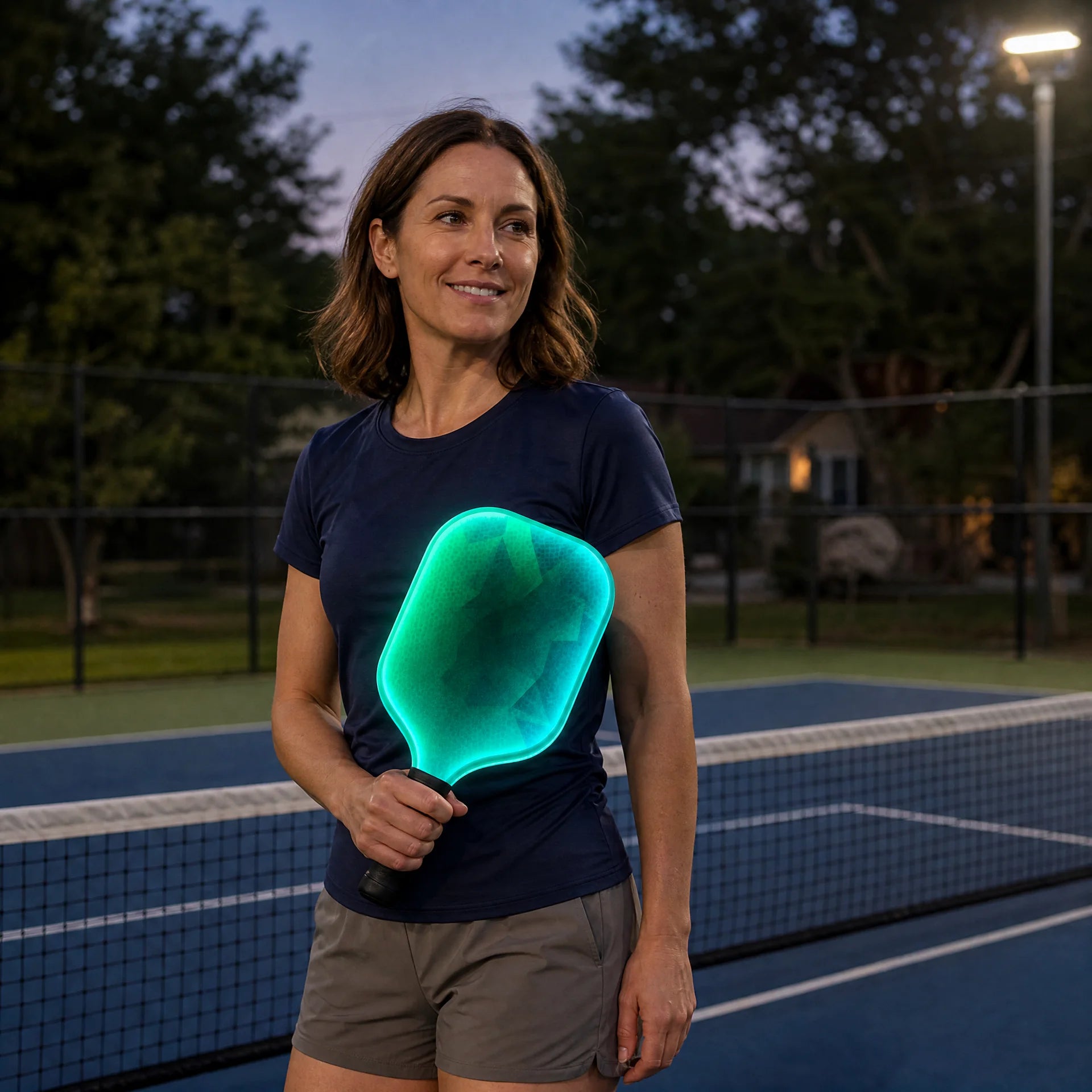 Illustrative player holding the light-up paddle on a lit court